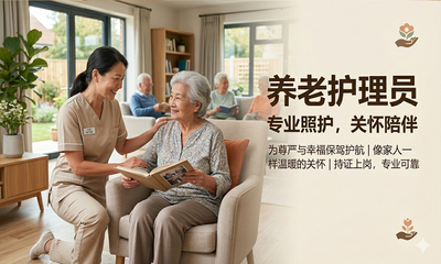 养老护理员
本课程系统教授老年人生活照护、基础护理及康复服务技能。学员将掌握安全转运、营养配餐、心理疏导及急救常识，成为具备爱心与专业素养的养老护理员。